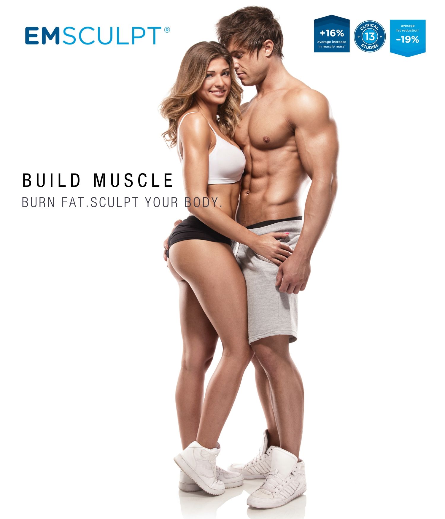 Muscled man and woman for Emsculpt at Body Reflections